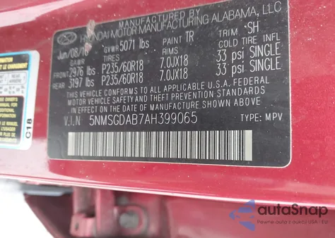 2010 Hyundai Santa Fe Gls z USA, uszkodzony, nr VIN 5NMSGDAB7AH399065